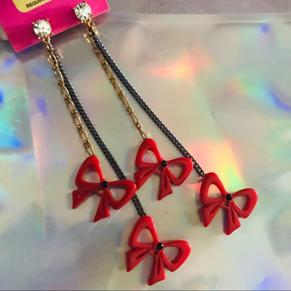 Red bow crystal long dangle chain earrings vintage Betsey Johnson retro doll